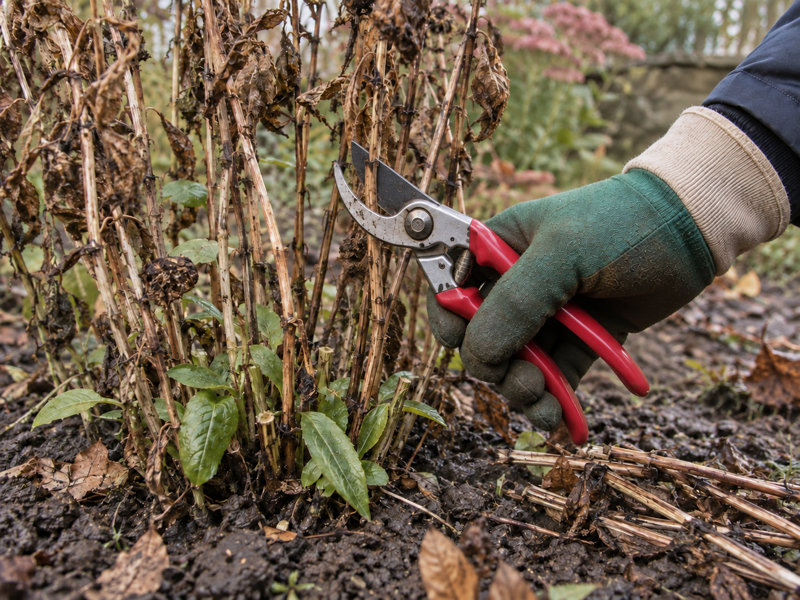 Cutting back collapsed perennial stems to 5–10cm with secateurs in an October border
