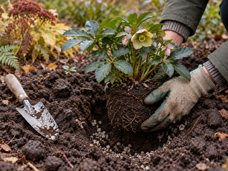 Planting a hellebore into clay soil improved with horticultural grit in an October border
