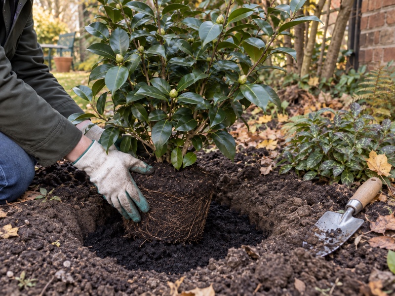 Camellia planted into ericaceous compost in a North London garden border in autumn