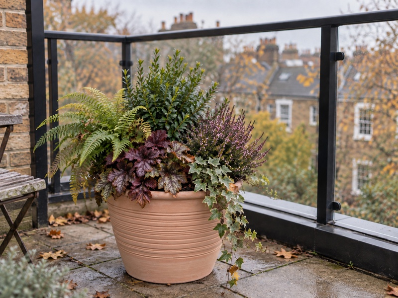 Mixed winter container planting combining skimmia, fern, heuchera, heather and ivy on a London balcony