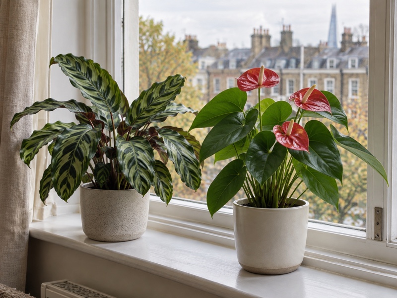 Calathea and Anthurium grouped together near a window to raise humidity in a London home