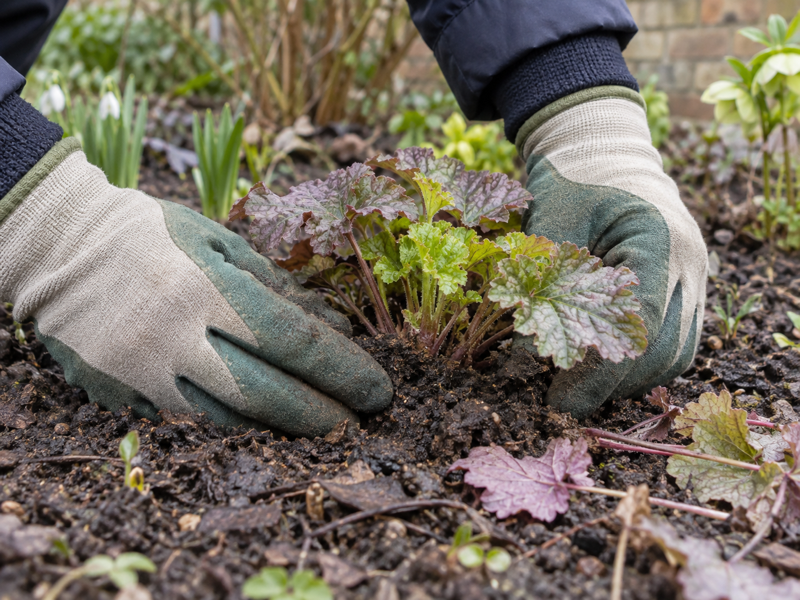 Gloved hands firming a frost-heaved Heuchera crown back into the soil of a London border in early spring