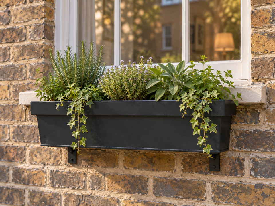 Matt anthracite zinc window box planter mounted beneath a London balcony window