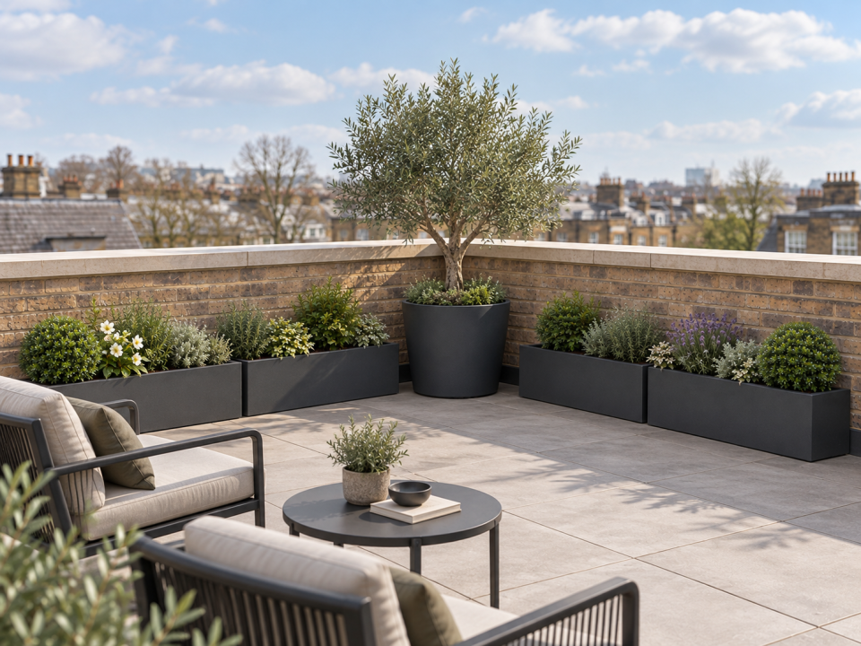 Lightweight polystone trough planter with structural evergreens on an exposed London roof terrace
