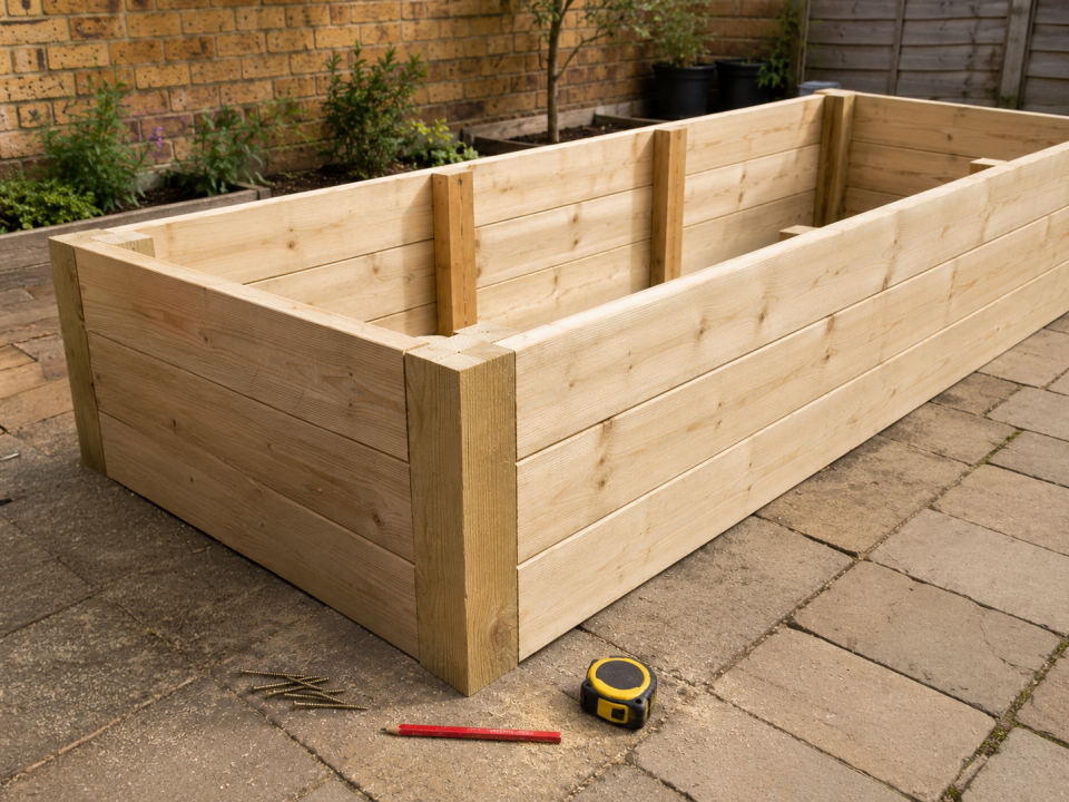 Pre-drilling the corner of a softwood raised bed frame before screwing the boards together