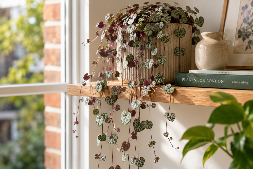 String of Hearts trailing from a shelf, its wiry stems strung with silver-marbled heart-shaped leaves