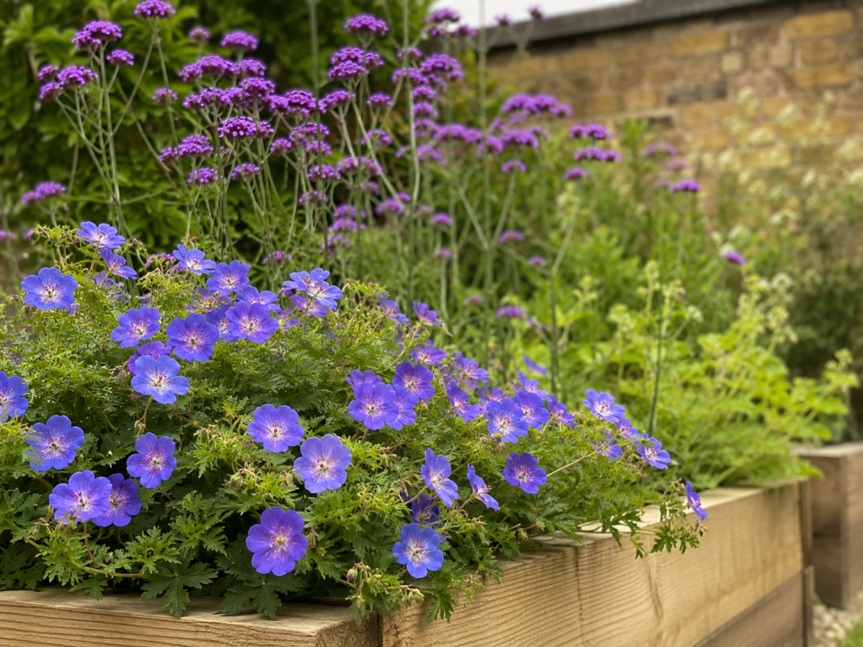 Geranium Rozanne and Verbena bonariensis flowering together in a planted ornamental raised bed