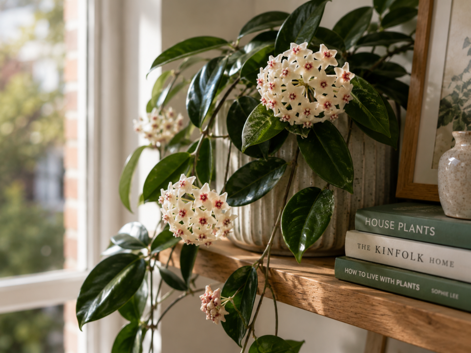 A trailing Hoya in flower, with clusters of star-shaped waxy blooms among glossy leaves