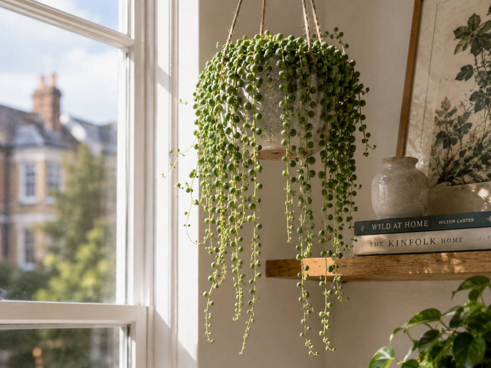 String of Pearls cascading from a hanging pot, its stems strung with round pea-like leaves