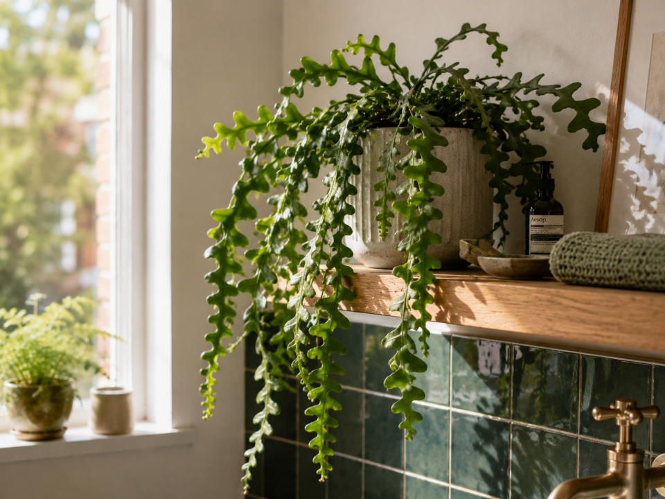 A Fishbone Cactus trailing from a pot, its flat green stems notched in a zig-zag pattern