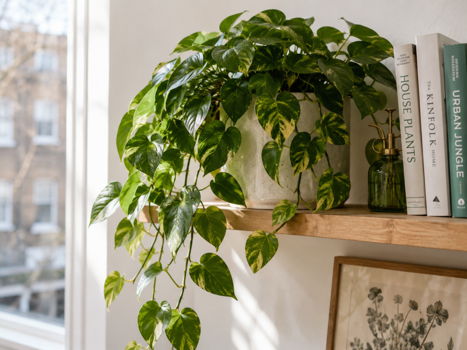 A Pothos with golden variegated foliage trailing from a hanging pot in bright indirect light