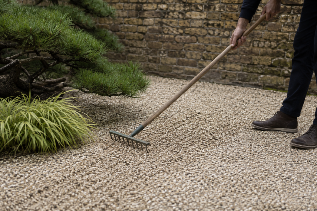 Raking a gravel panel of angular limestone chippings in a small London walled garden