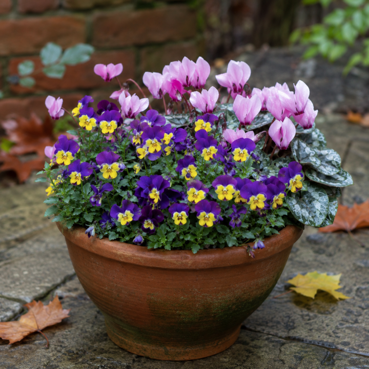 Autumn bedding display of viola and cyclamen at Boma Garden Centre