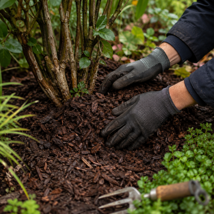 Mulching a garden border for winter protection