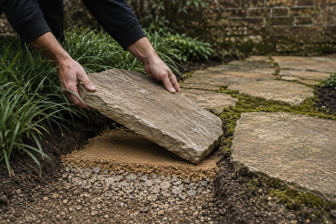A sandstone stepping stone being bedded onto compacted hardcore and sharp sand in a London garden
