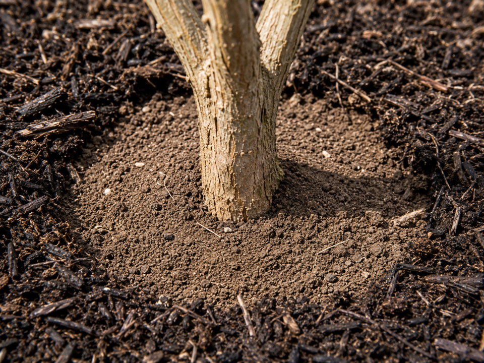 Compost mulch spread up to a clear bare-soil ring around the base of a woody shrub stem, showing the stem-free clearance