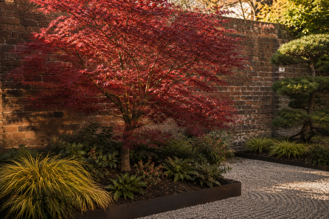 Acer palmatum 'Bloodgood' in crimson autumn colour against a London stock brick wall