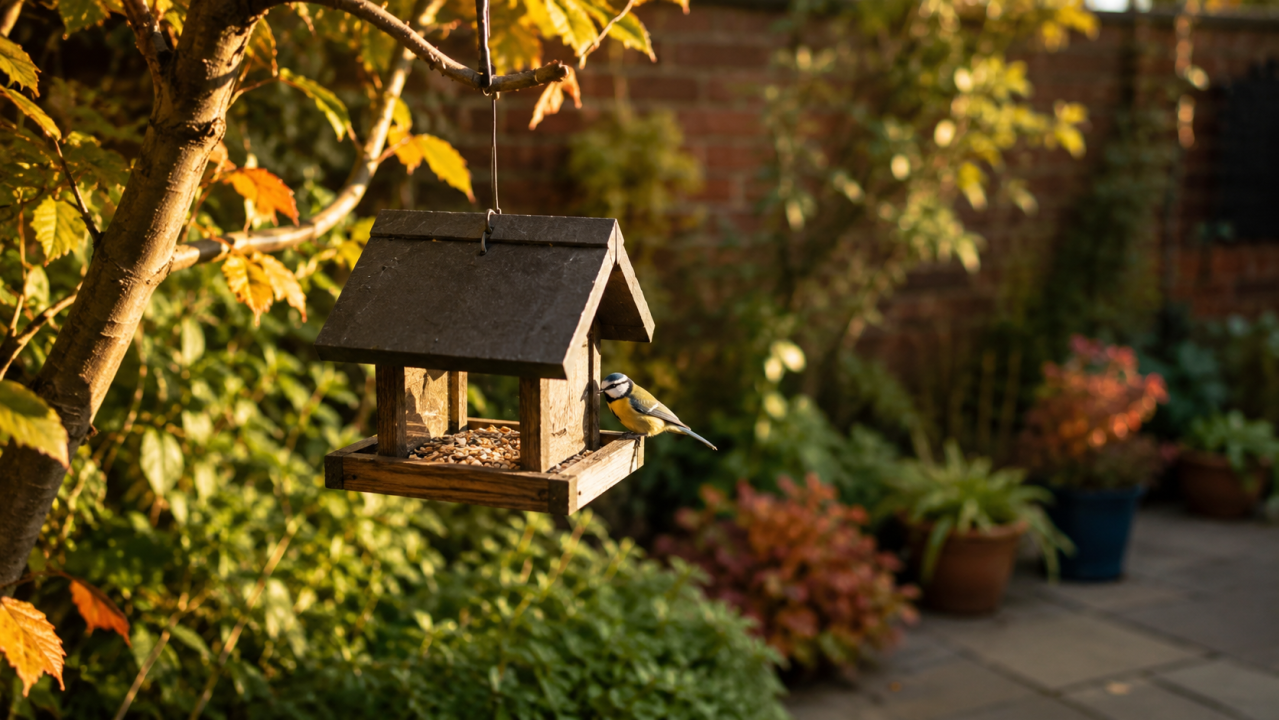 Bird feeder in an autumn London garden