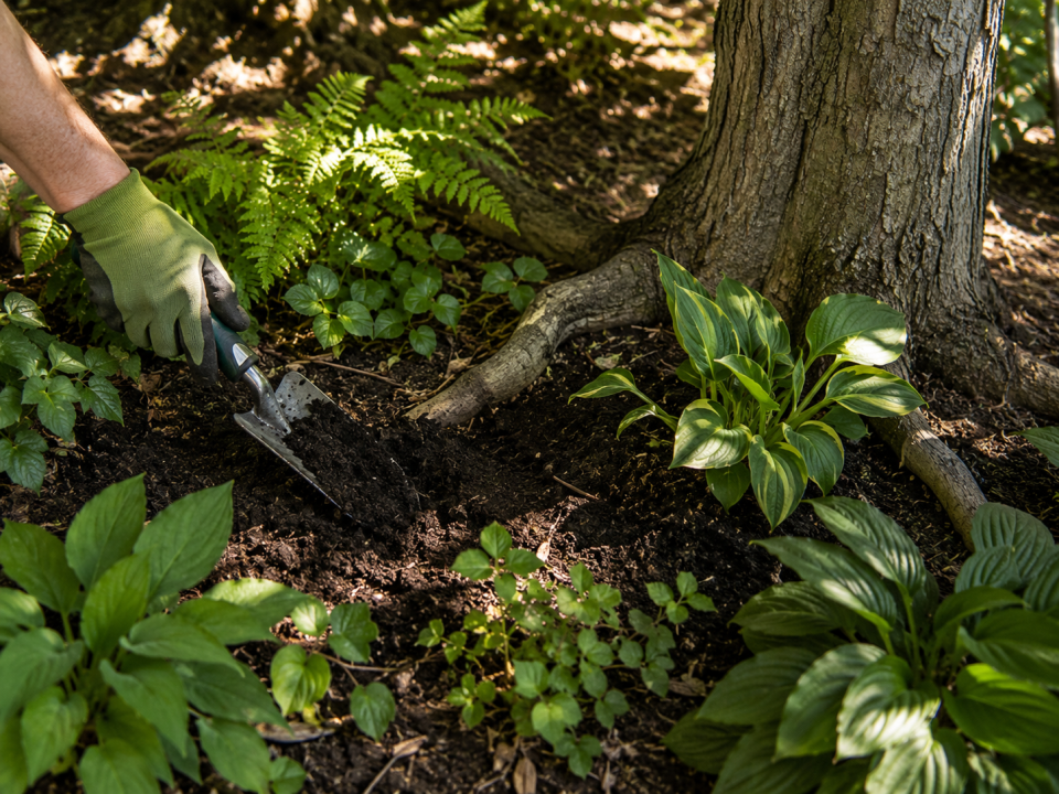 A light layer of compost applied around shade-tolerant perennials growing beneath a mature tree's root canopy