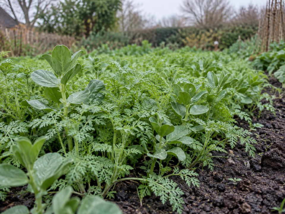 Phacelia and winter field bean green manure growing over a vegetable bed in autumn