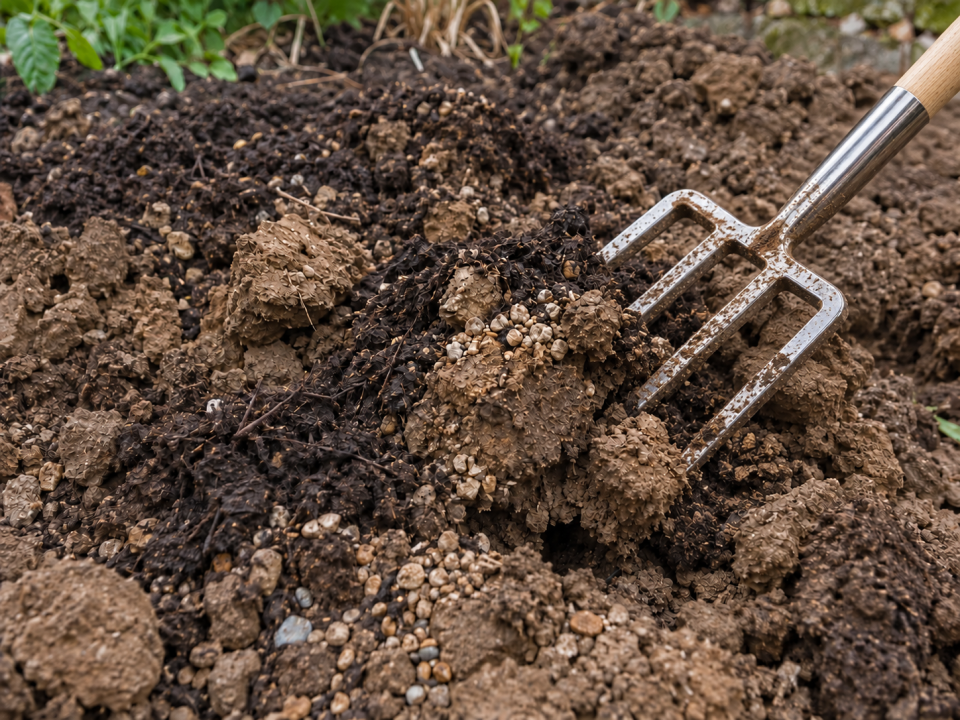 Well-rotted garden compost being forked into heavy clay soil before planting