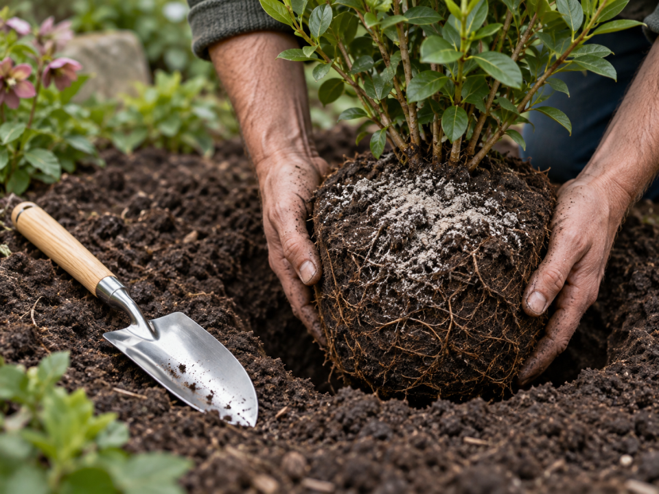 Mycorrhizal fungi being applied to a root ball before planting into a garden border
