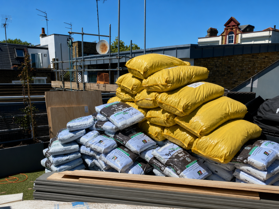 Materials and access equipment on the terrace during works