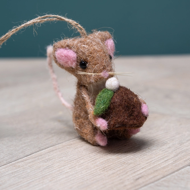 Felt Wool Brown Mouse with Christmas Pudding - Handmade Christmas Tree Decoration L6cm (2.4Inch) - image 1