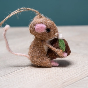 Felt Wool Brown Mouse with Christmas Pudding - Handmade Christmas Tree Decoration L6cm (2.4Inch) - image 2