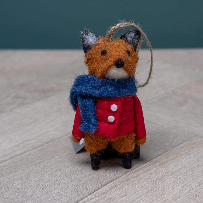 Felt Wool Fox with Red Coat and Blue Scarf - Hand Made Christmas Tree Decoration L7cm (2.75Inch)