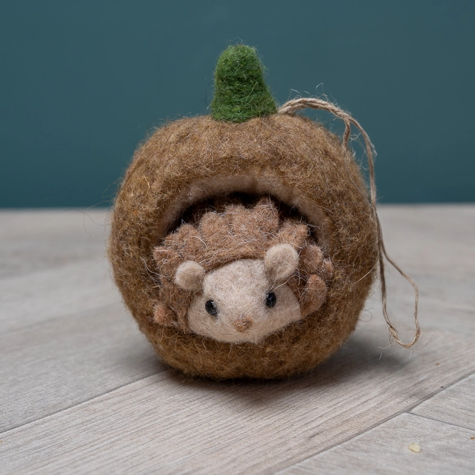 Felt Wool Hedgehog in Nutshell - Handmade Christmas Tree Decoration D6cm (2.4Inch) - image 1