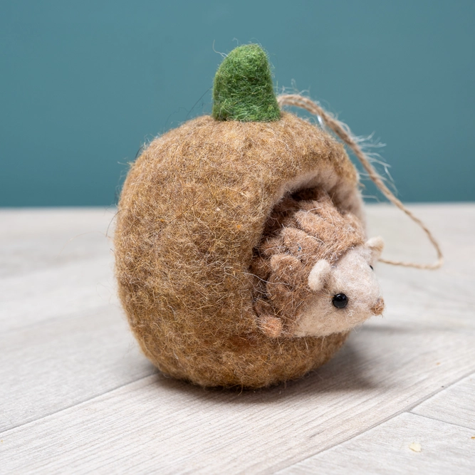 Felt Wool Hedgehog in Nutshell - Handmade Christmas Tree Decoration D6cm (2.4Inch) - image 2