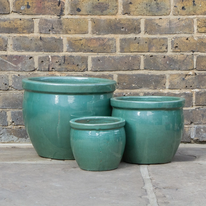 Glazed Aqua Green Delta Rim  (D29cmx25cm) Handmade Terracotta Planter Outdoor Plant Pot - image 1
