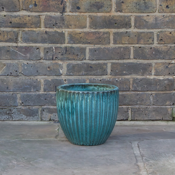 Glazed Aqua Portly Egg Rib (D28cm x H25cm) Terracotta Planter Outdoor Plant Pot - image 2