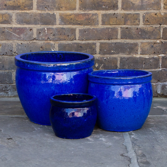 Glazed Delta Rim Blue (D38cmx31cm) Handmade Terracotta Planter Outdoor Plant Pot - image 1