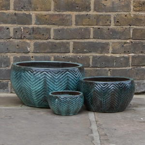Glazed Green Fishbone Portly Bowl Terracotta Planter (D29cm x H15cm) Outdoor Plant Pot