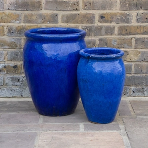 Glazed Terracotta Delta Stretched Blue Planter - Handmade Outdoor Plant Pot