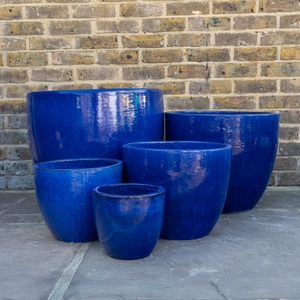 Glazed Terracotta Egg Pot Blue Planter - Handmade Outdoor Plant Pot