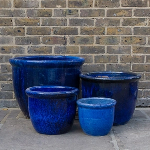 Glazed Terracotta HP001 Egg Pot Rim Blue Planter - Handmade Outdoor Plant Pot