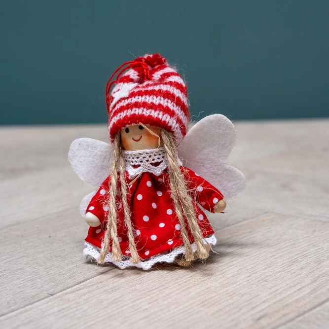 Handmade Scandinavian Red & White Fairy Hand Made Christmas Tree Decoration L7cm (2.75Inch)