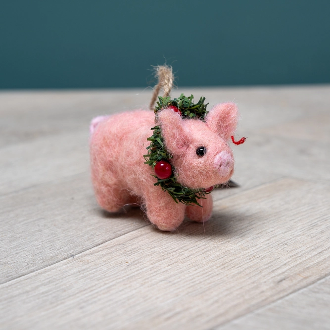 Pink Felt Pig & Green Wreath Hand Made Christmas Tree Decoration L7cm (2.75Inch)