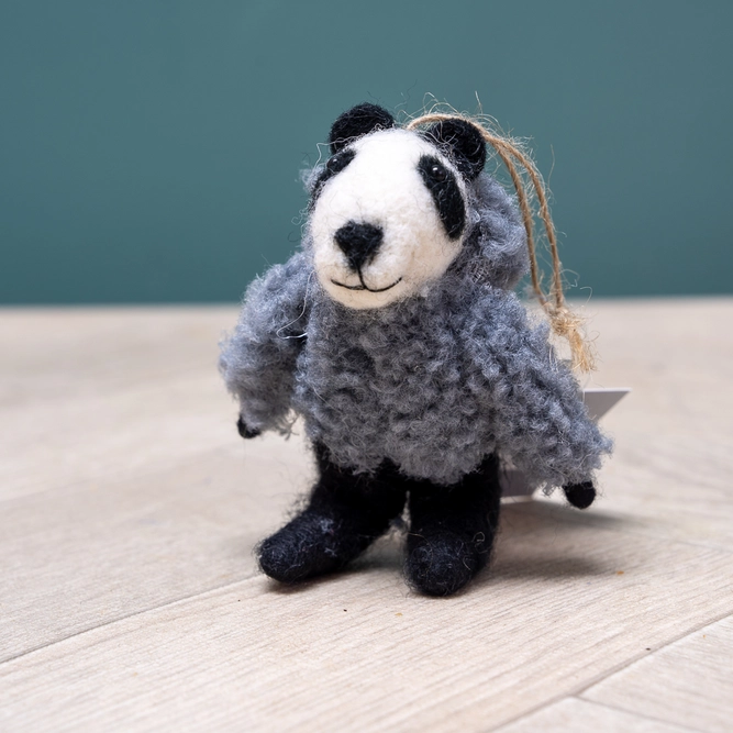 Wool Badger with Grey Jumper - Hand Made Christmas Tree Decoration L7cm (2.7Inch) - image 2