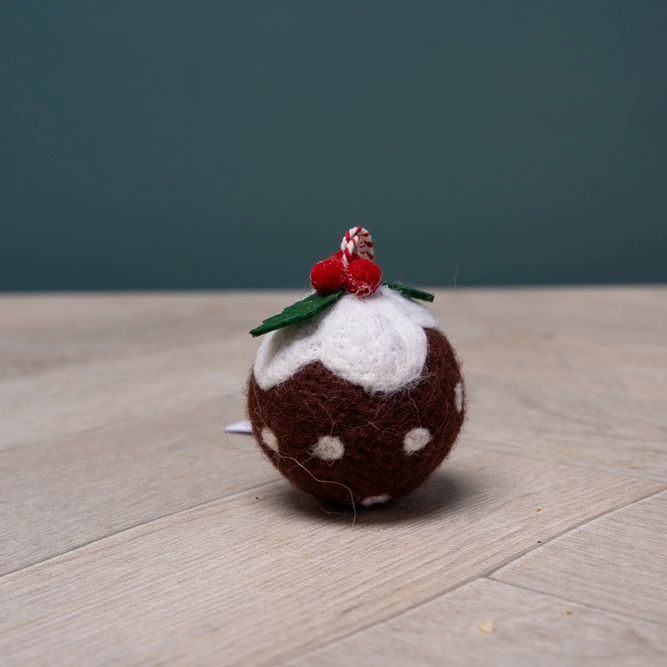 Wool Brown Christmas Pudding - Hand Made Christmas Tree Decoration L4cm (1.5Inch)