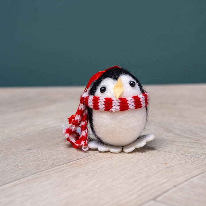 Wool Round Penguin with Scarf - Hand Made Christmas Tree Decoration L4cm (1.5Inch)