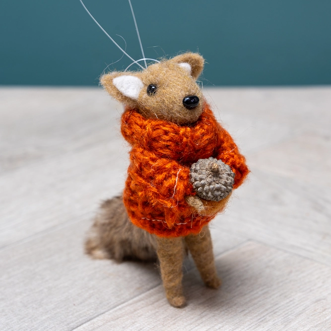 Wool Squirrel in Orange Jumper - Hand Made Christmas Tree Decoration L7cm (2.75Inch)